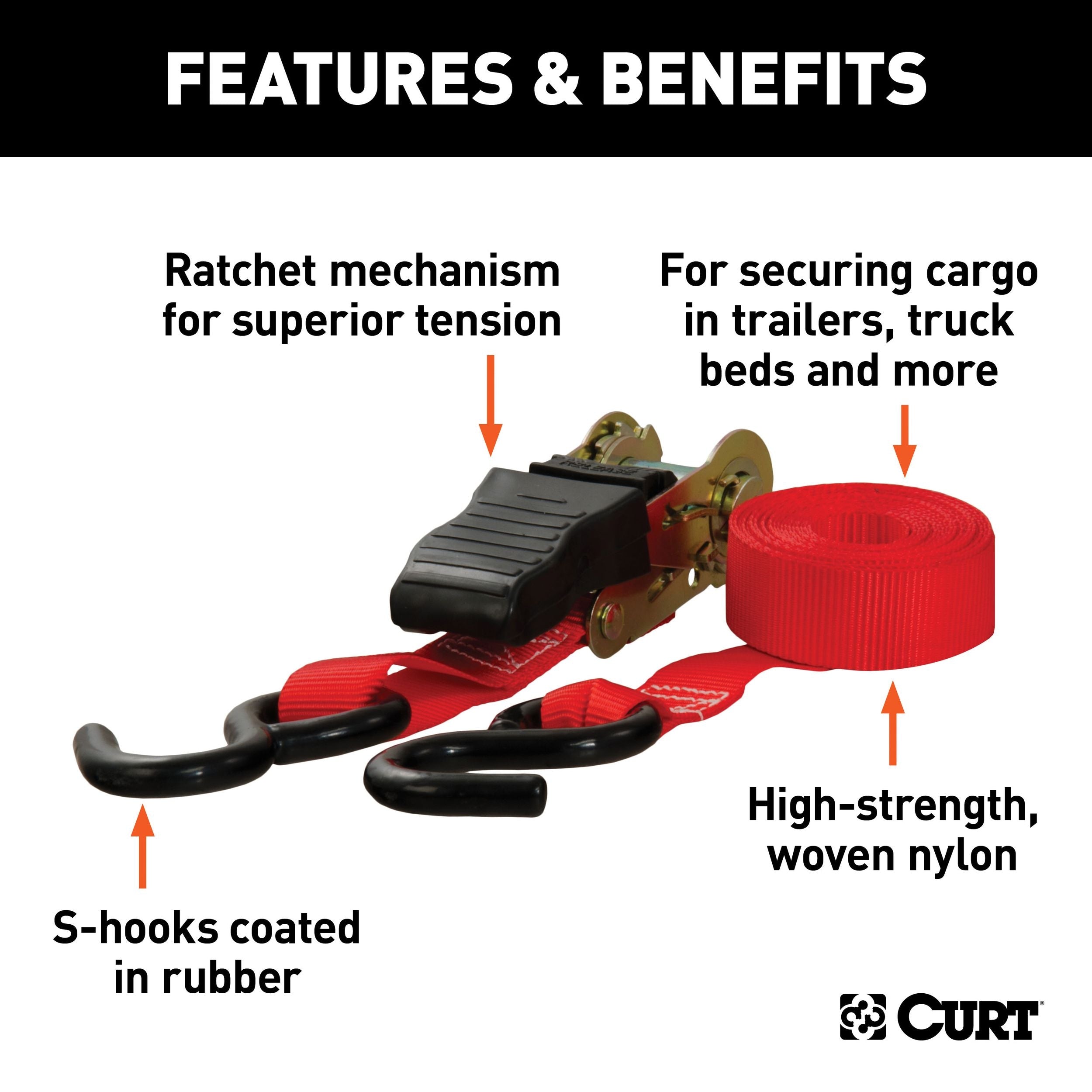 CURT 83002 16-ft rote Frachtbänder mit S-Haken (500-lb, 4-pk)