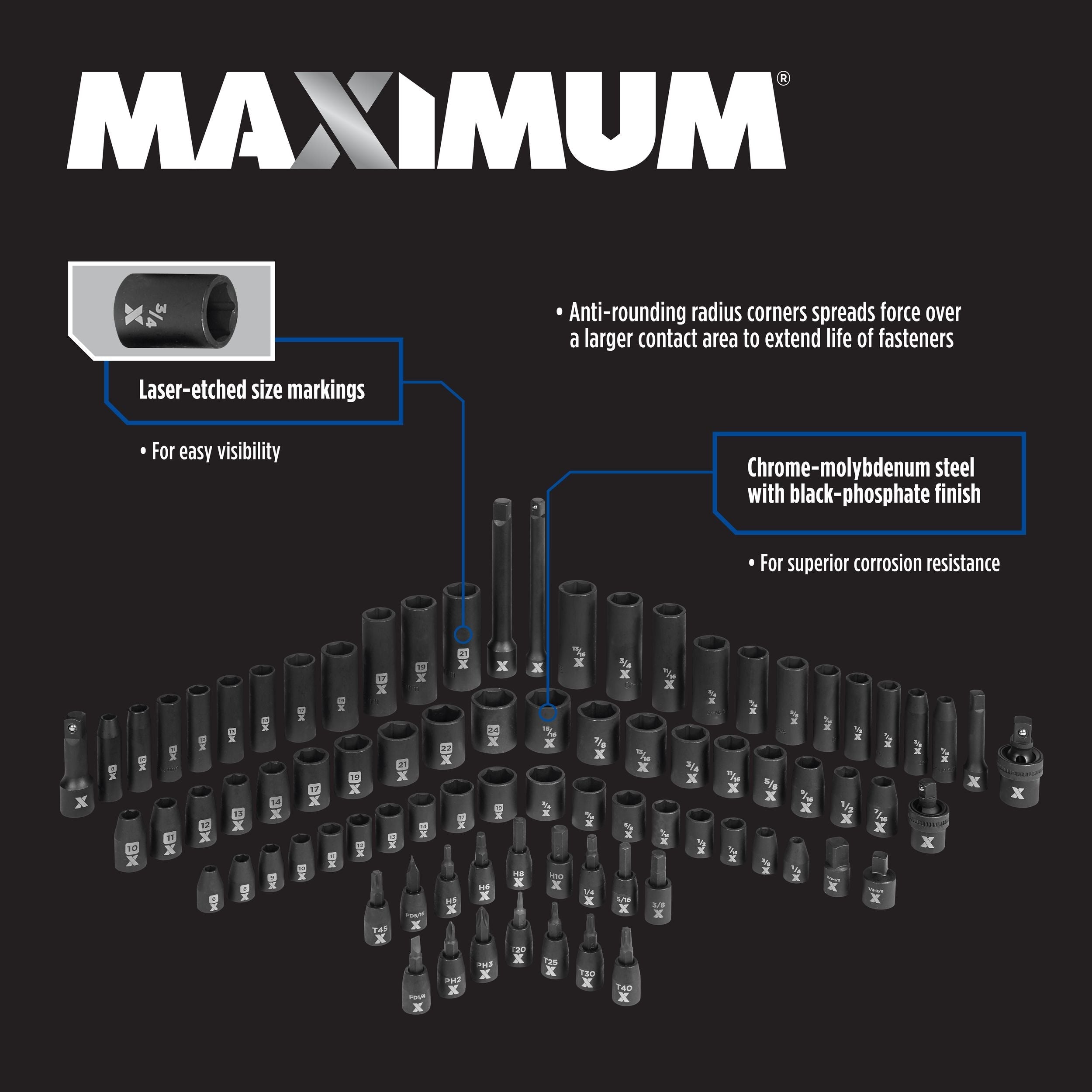 MAXIMUM 3/8-in & 1/2-in-Laufwerk professionelle Schlagbuchse, 83-pc, CRMO