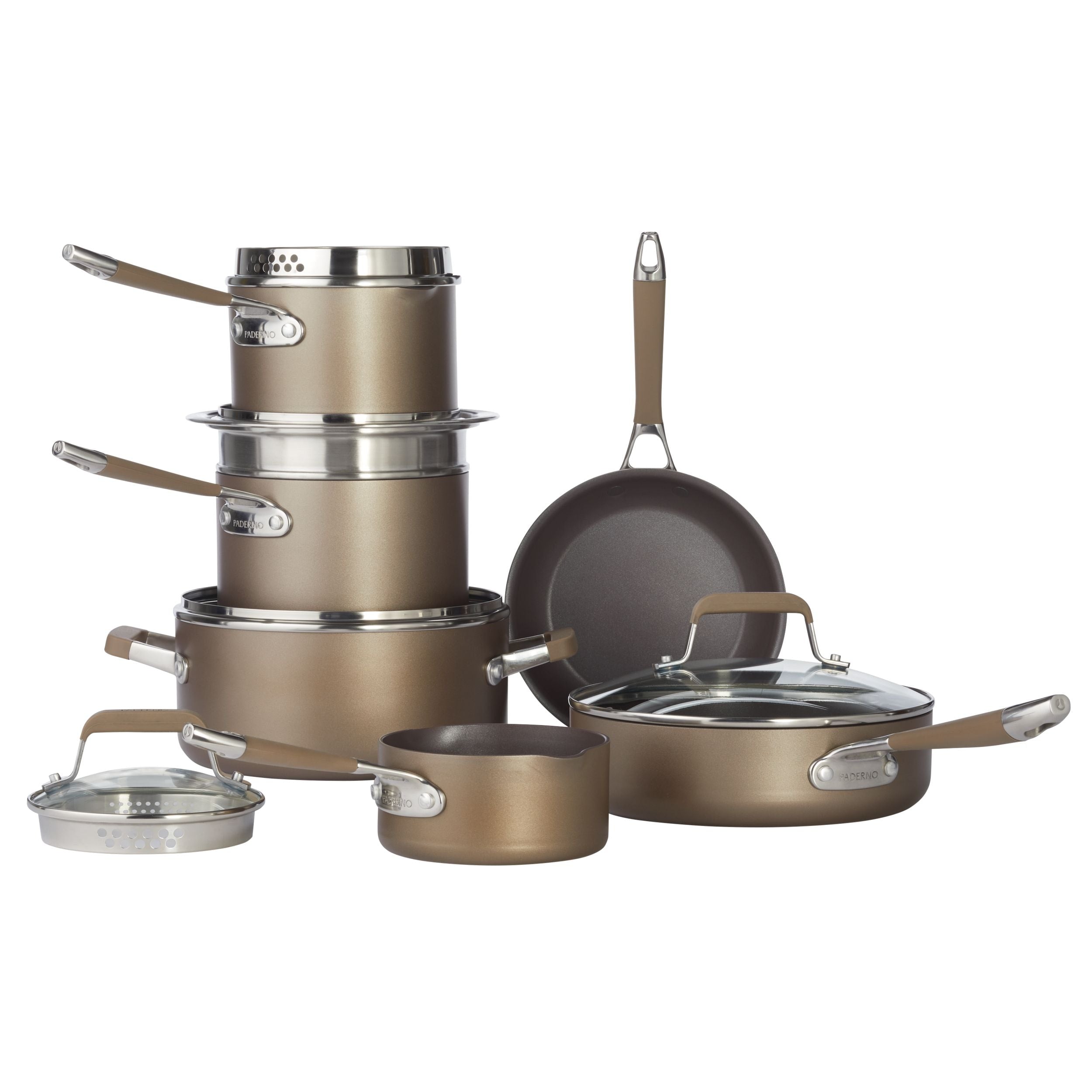 PADERNO Klassisches Kochgeschirrset, Antihaft, pfoafrei, Ofensicher, Champagnerbronze, 12-pc