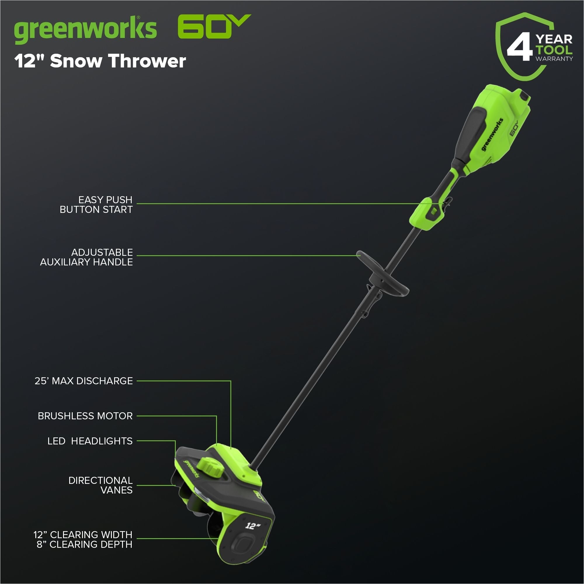 Greenworks 60V Schneeschaufel mit gerichteten Schaufeln, 12-in (nur Werkzeug)