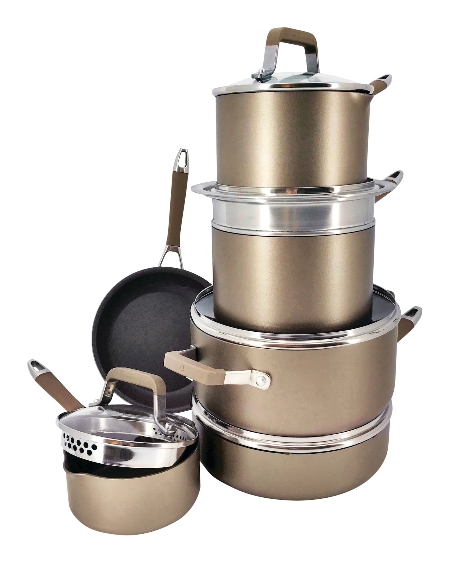 PADERNO Klassisches Kochgeschirrset, Antihaft, pfoafrei, Ofensicher, Champagnerbronze, 12-pc