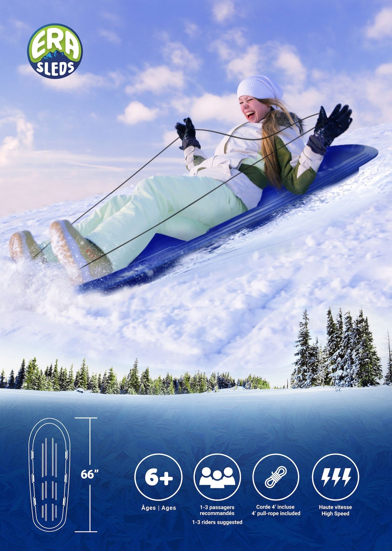Manitou Kinder große 3-Personen leichtes Plastik Winter Schneeschlitten / Rodel