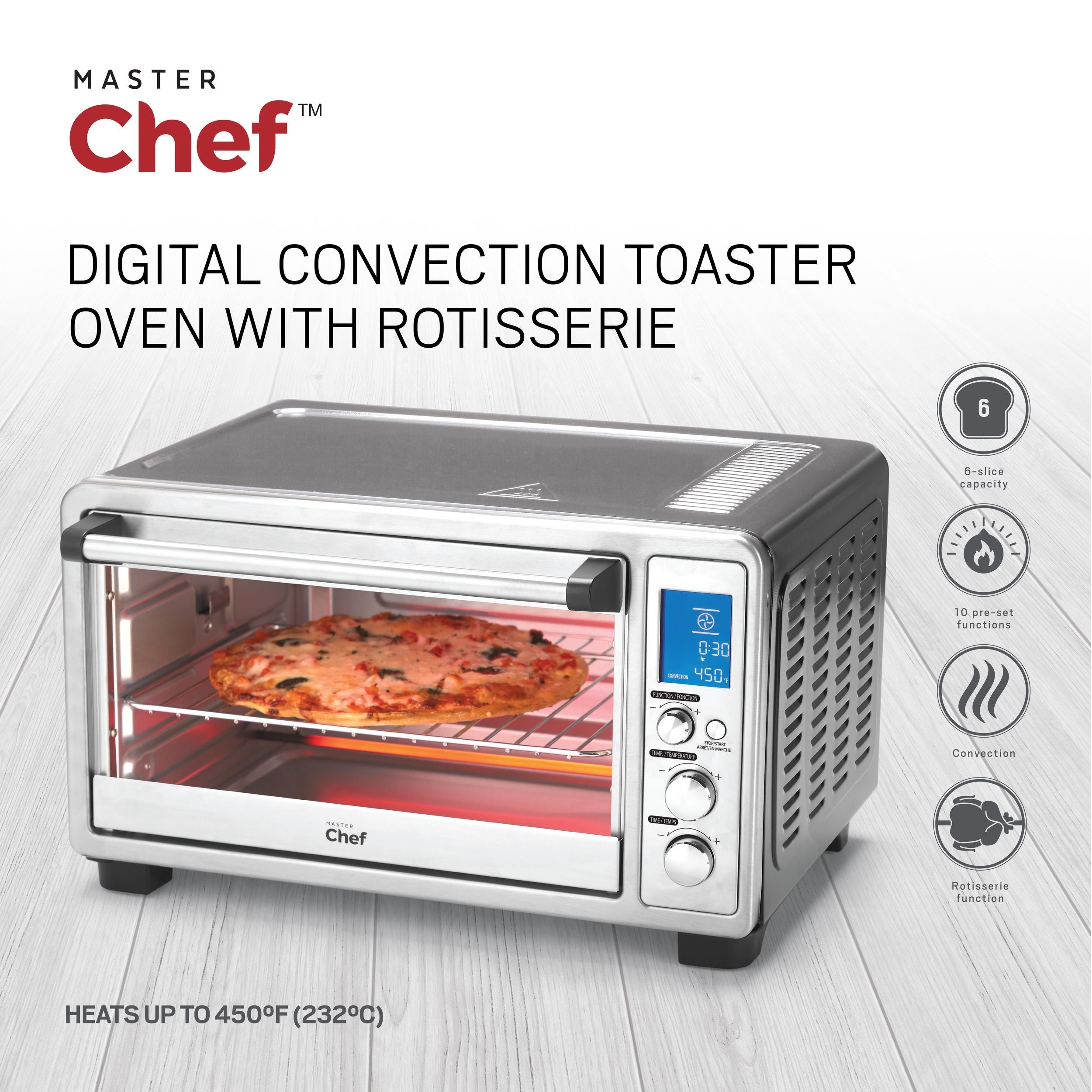 MASTER Chef Digitaler Konvektions-Toasterofen mit 10 Funktionen, Edelstahl, 6-Scheiben