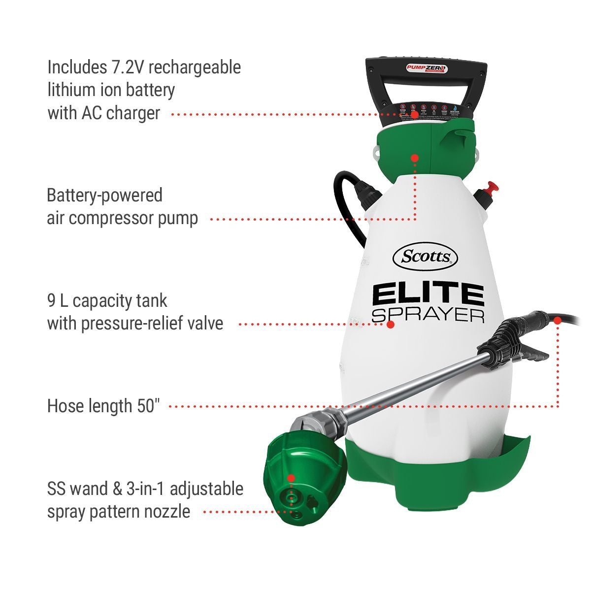 Scotts Elite 7V Lithium-Ionen-Akku-betriebene Gartenpumpenspritze, 9.09-L