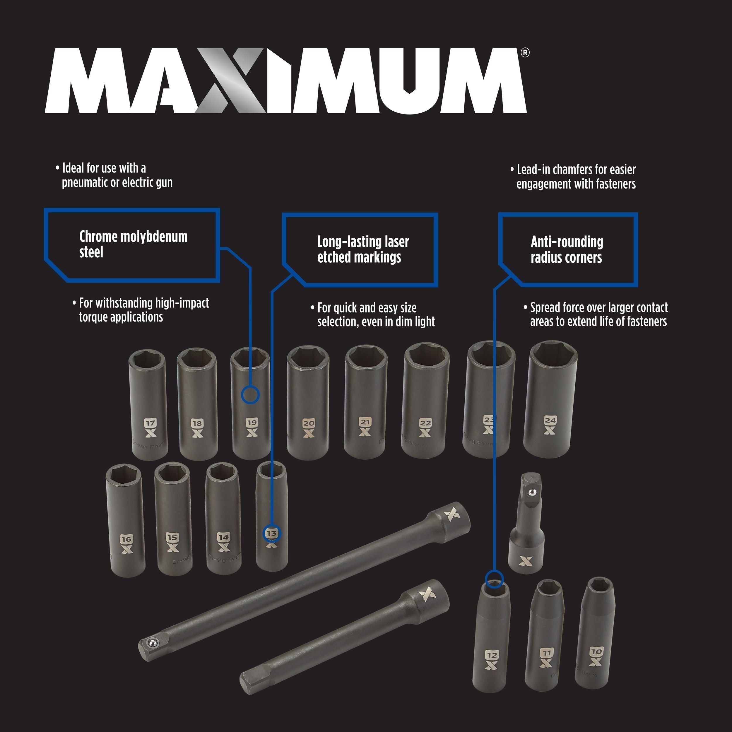 MAXIMUM 1/2-in-Laufwerk Profi-Steckdosen-Set, 18-pc, metrisch