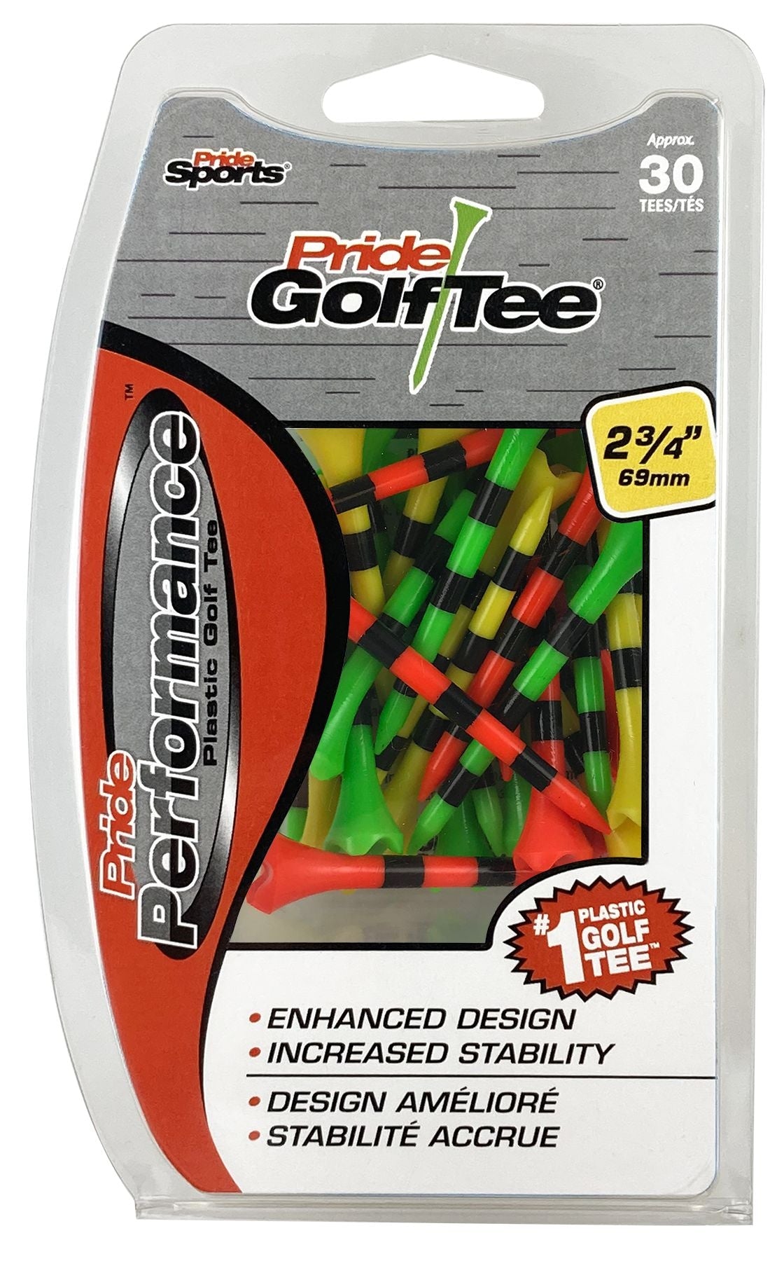 Pride Performance-Plastik-Golf-T-Stück, 2-3/4-in, 30-pk, Fruchtmix/Streifen in verschiedenen Farben