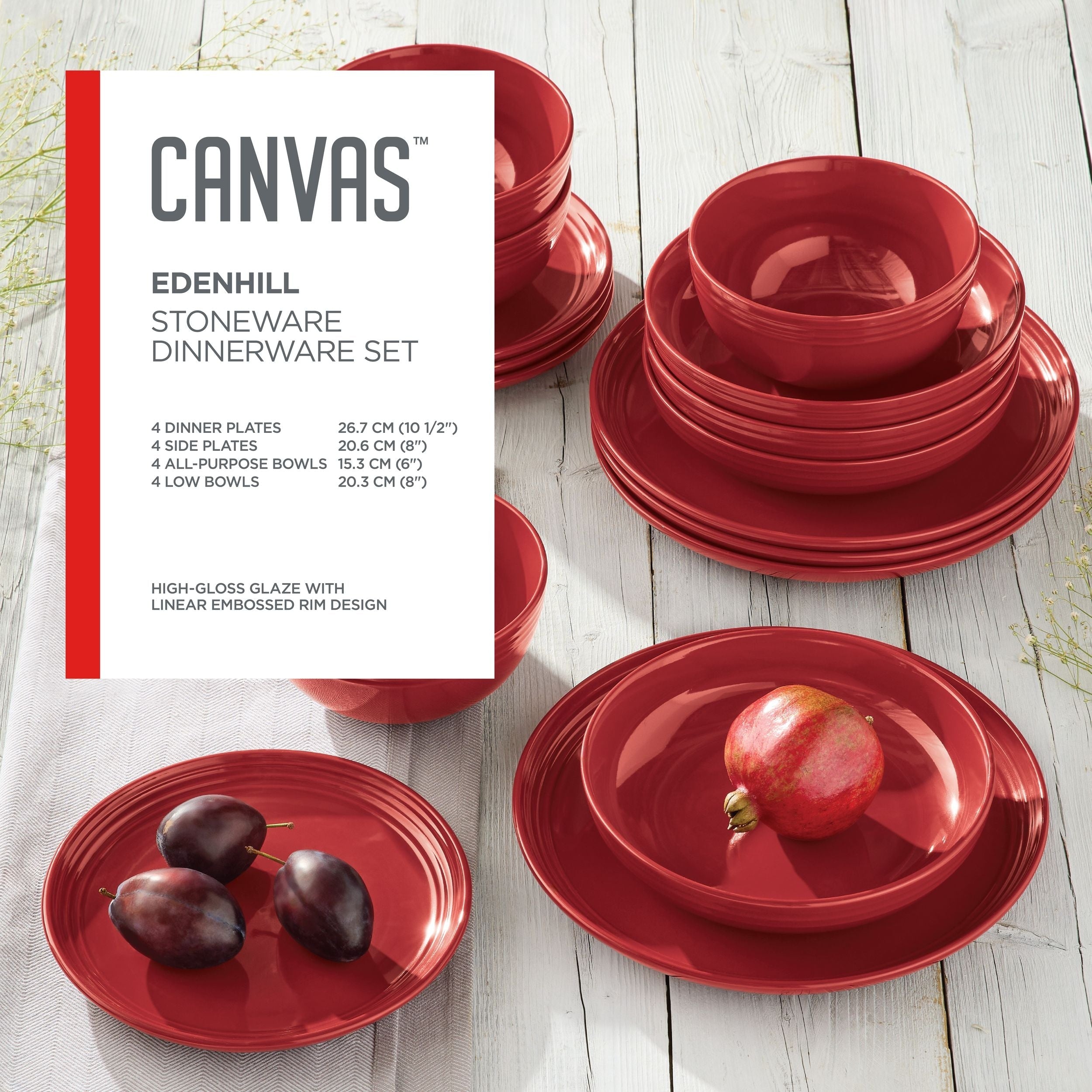 CANVAS edenhill Bauernhaus Bistro Steinzeug Geschirr, serviert 4, 16-pc, rot