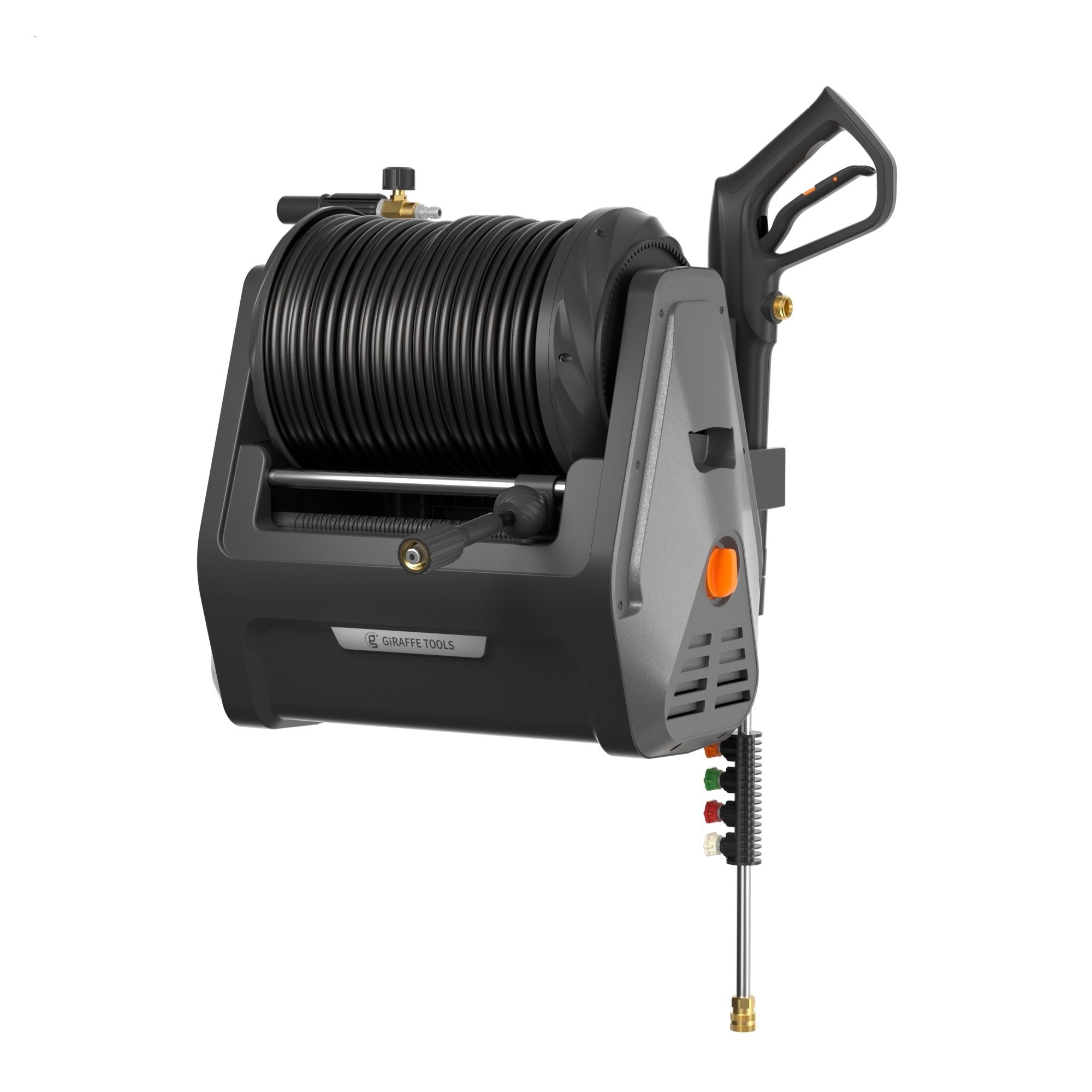 Giraffe Werkzeuge grandfalls G30 Wand montiert 2100 PSI 2,2 GPM bürstenlos einziehbare elektrische Druckwaschanlage mit 100-Fuß-Hartschlauch