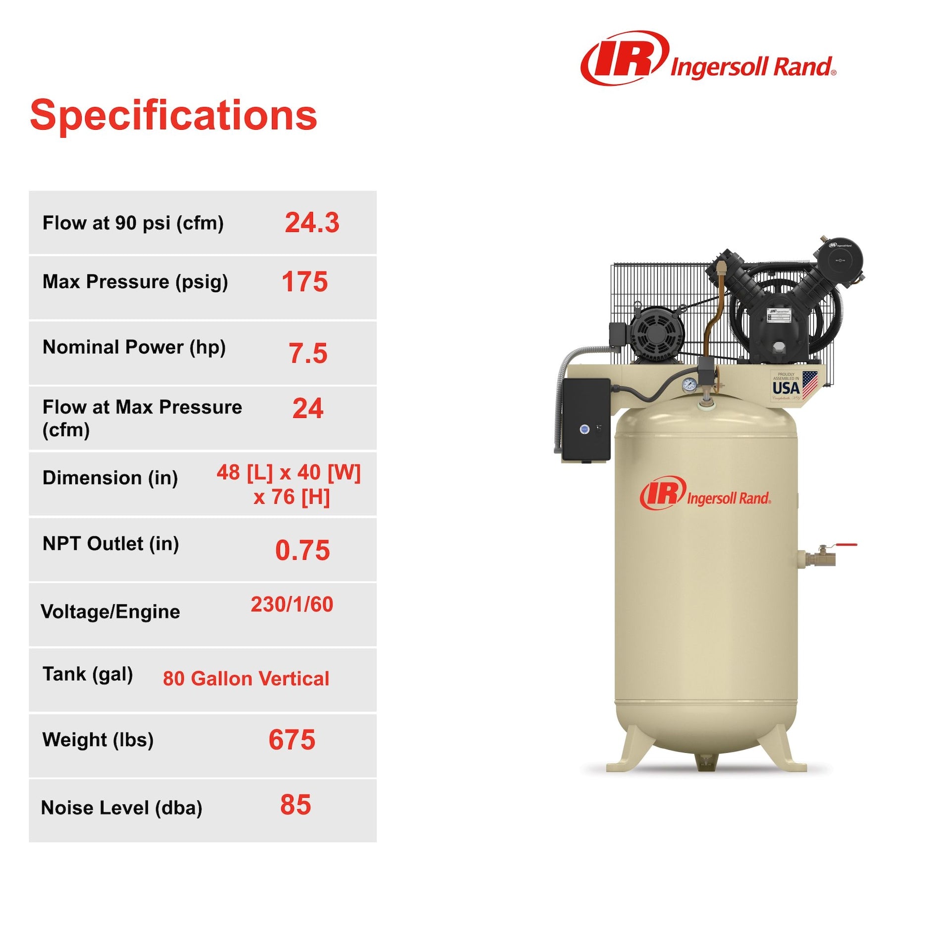 Ingersoll Rand 80-Gallonen vertikaler Luftkompressor, 175 PSI, 7,5 PS