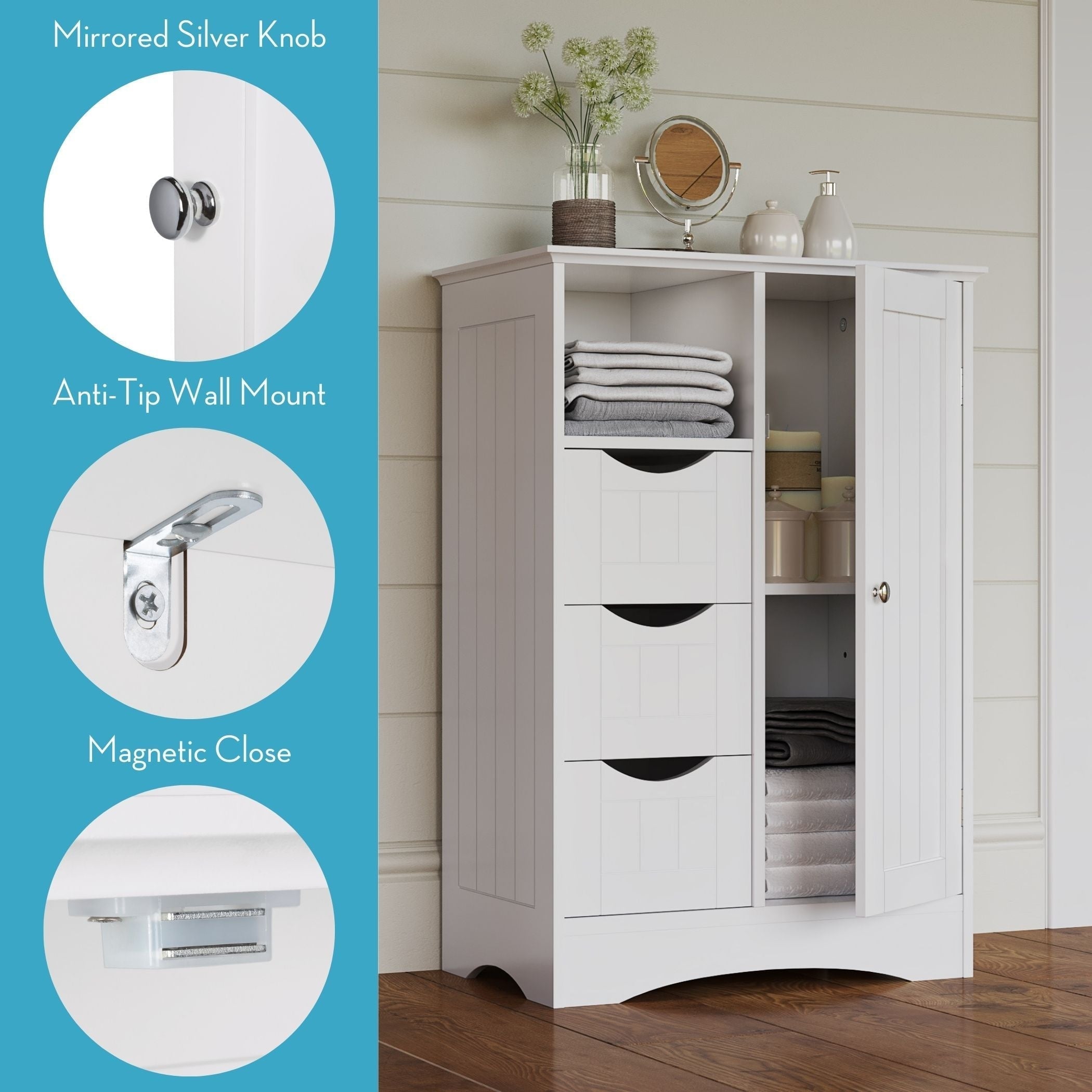 RiverRidge Home ashland single door badezimmer & wäscheschrank mit 3 schubladen, offenes cubby & verstellbares regal, weiß
