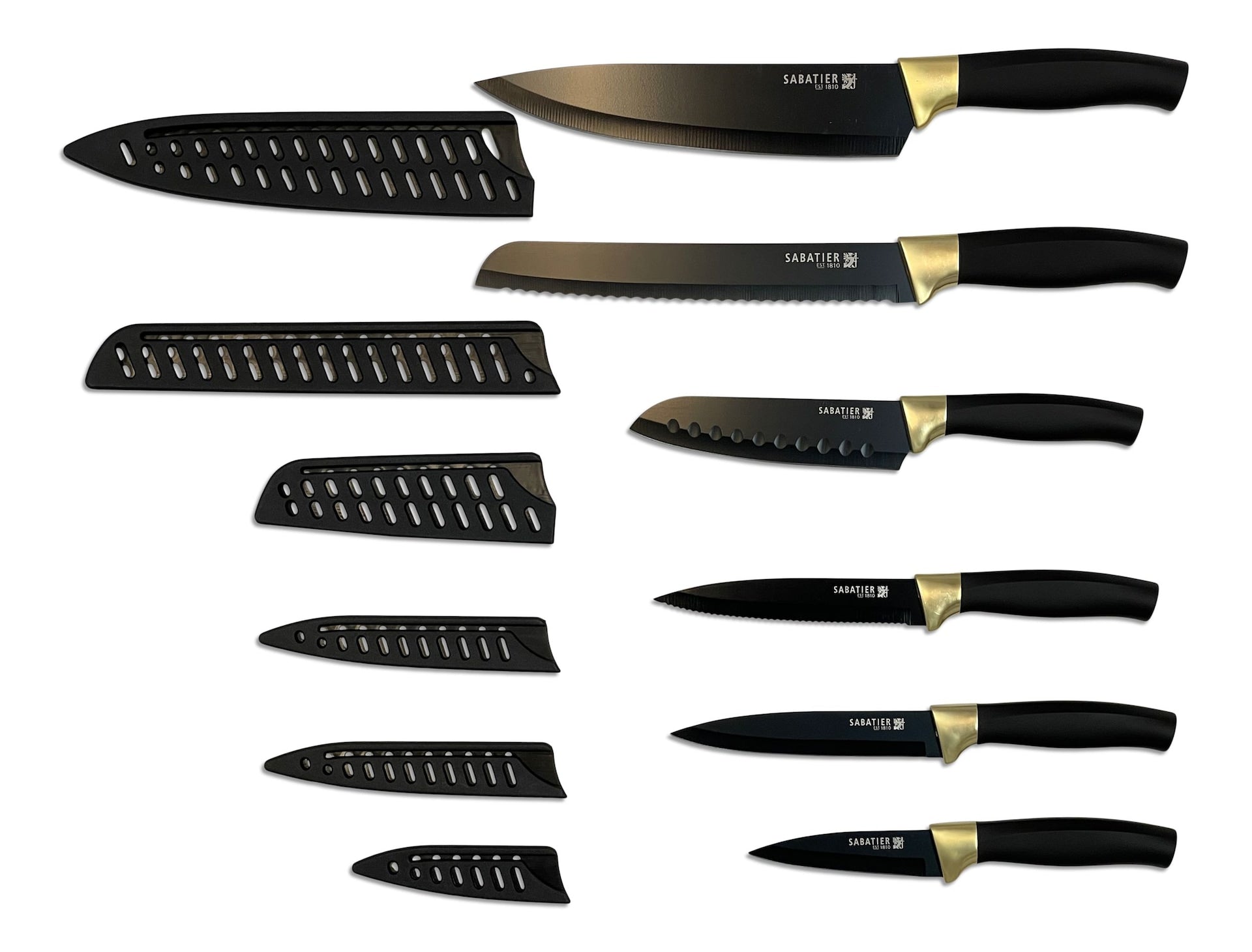 Sabatier Messersatz mit Abdeckungen, schwarz/golden, 12-pc