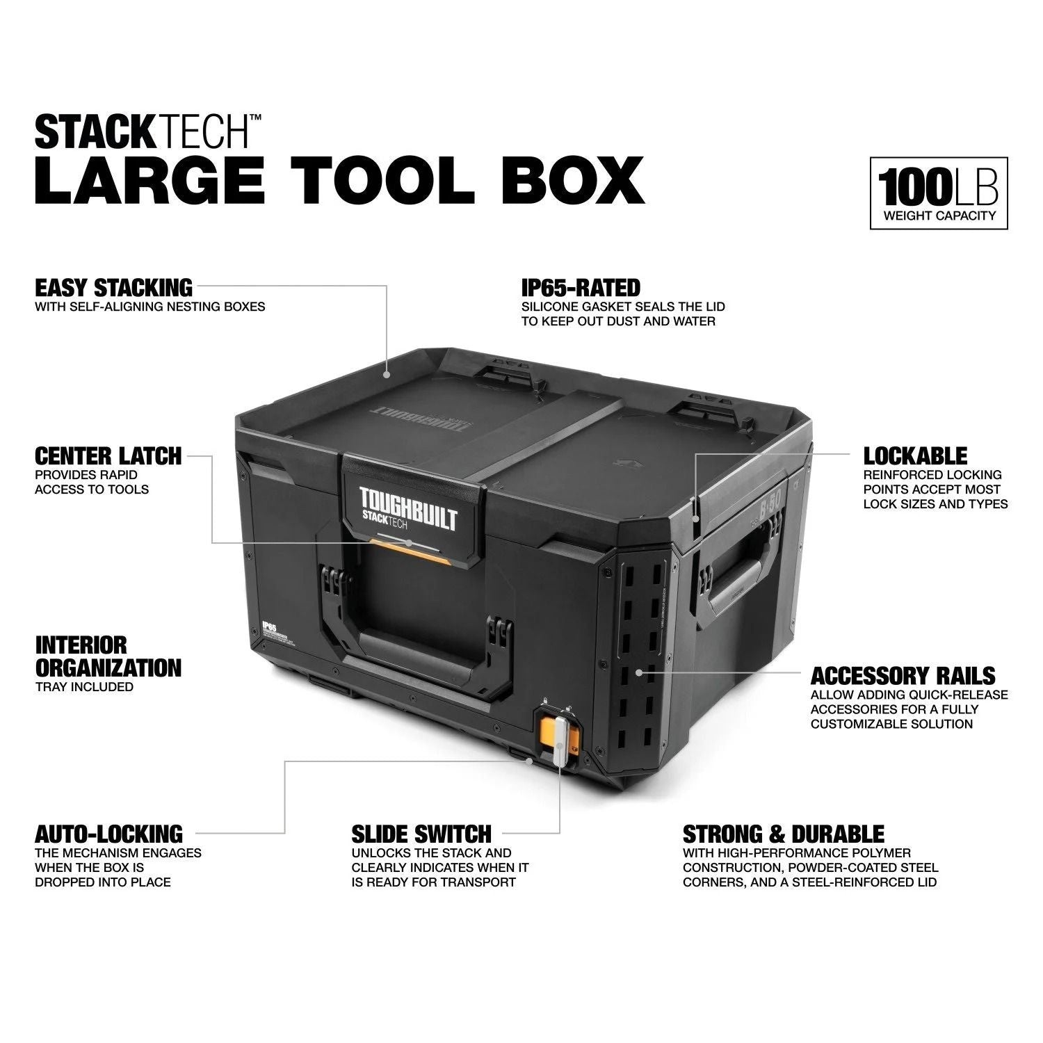 ToughBuilt Stacktech mittlere tragbare modulare Kunststoff / Metall-Werkzeugbox mit Innenschale, ip65-bewertet, schwarz