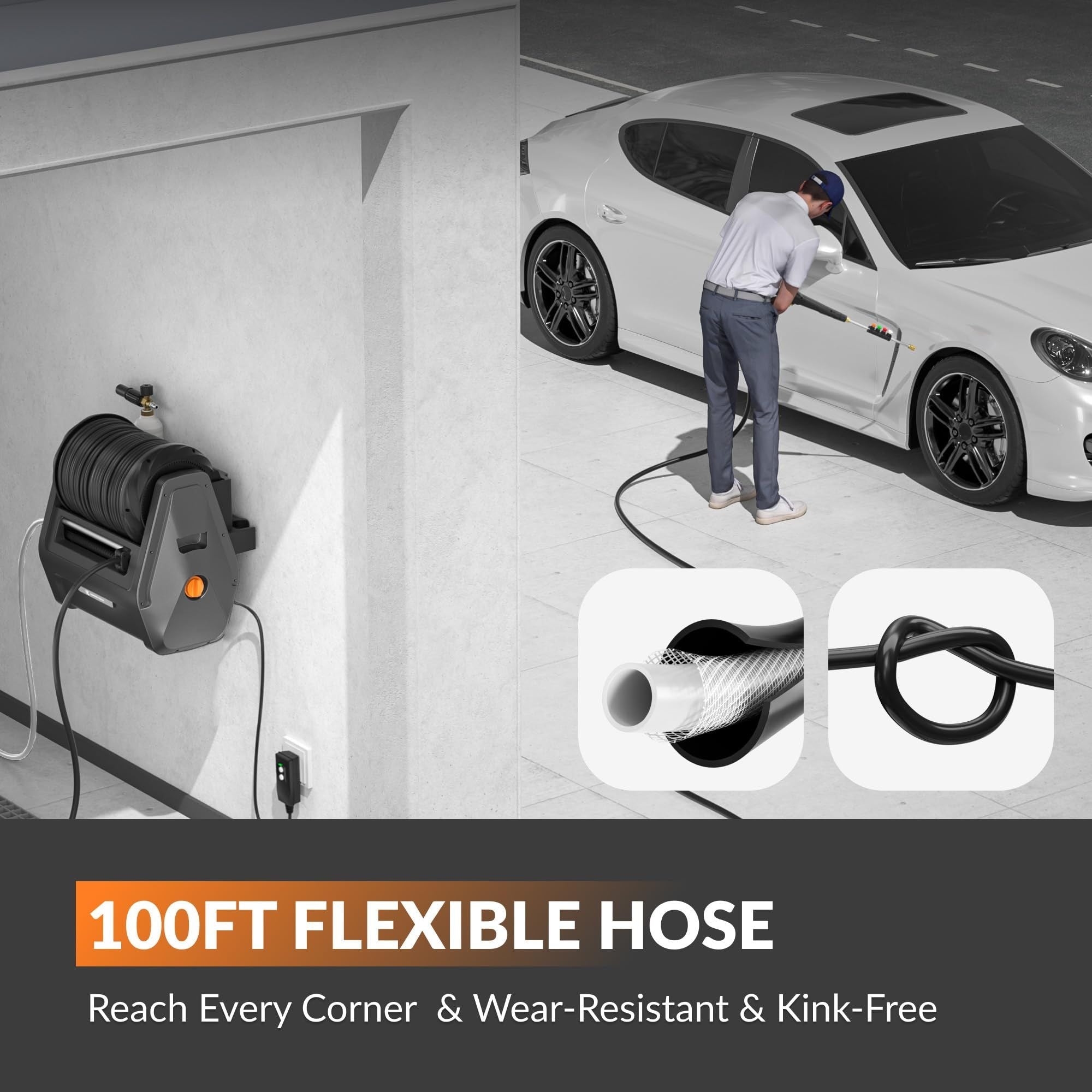 Giraffe Werkzeuge grandfalls G30 Wand montiert 2100 PSI 2,2 GPM bürstenlos einziehbare elektrische Druckwaschanlage mit 100-Fuß-Hartschlauch