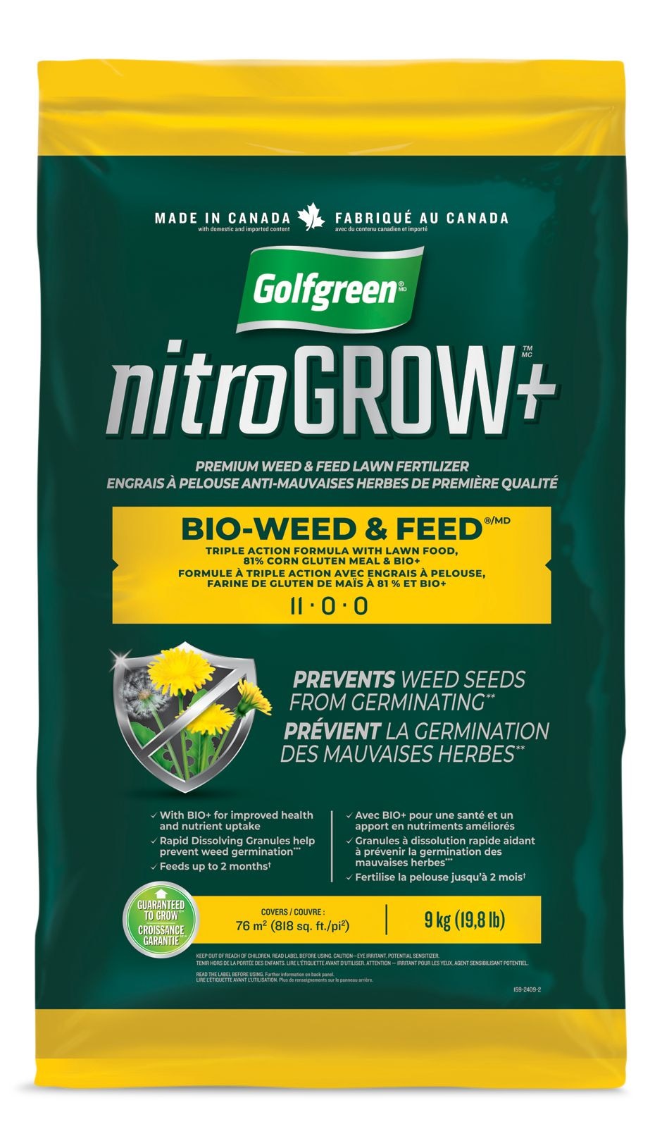Golfgreen Nitrogrow+ Bio-Unkraut & Rasendünger, 11-00-00, 9 kg