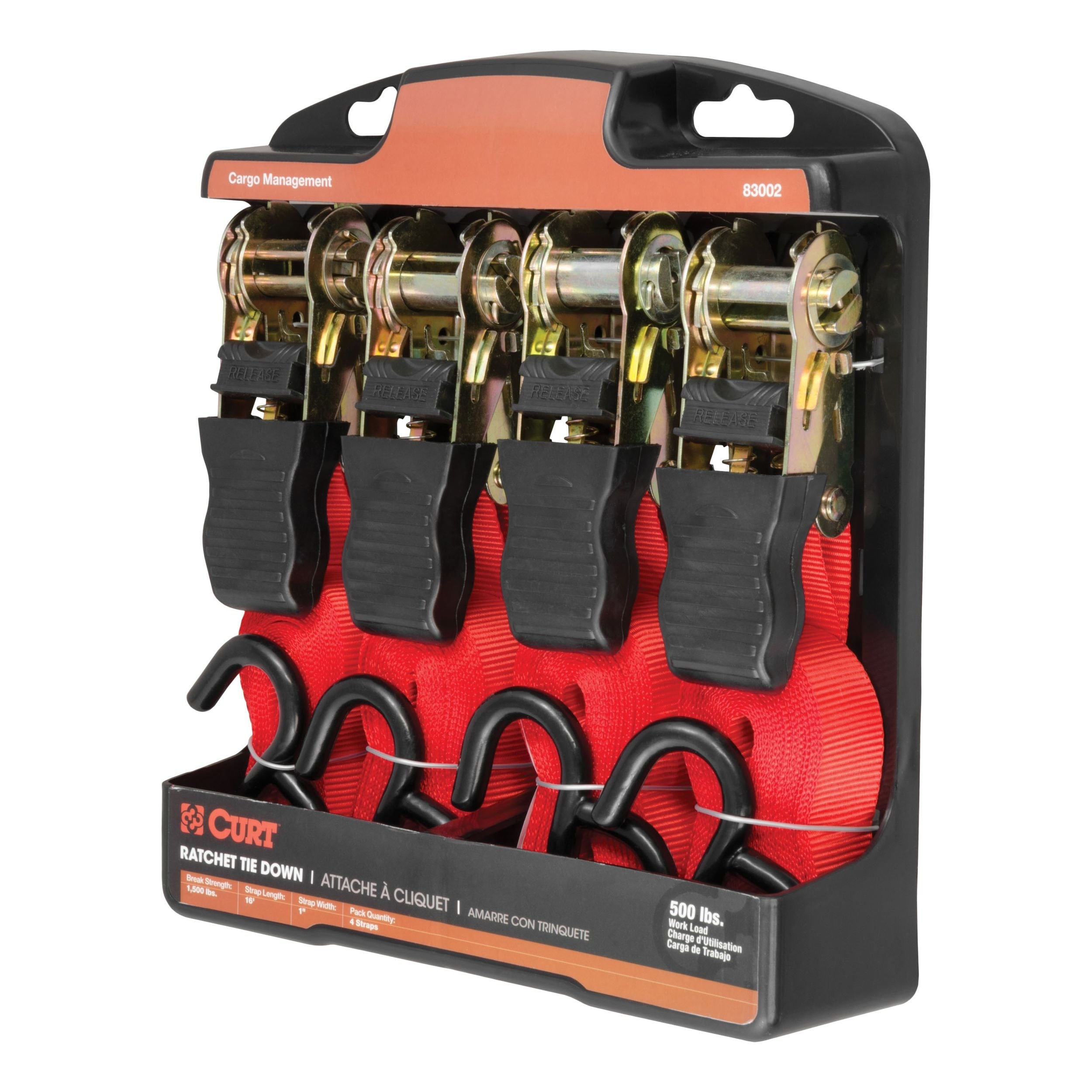 CURT 83002 16-ft rote Frachtbänder mit S-Haken (500-lb, 4-pk)