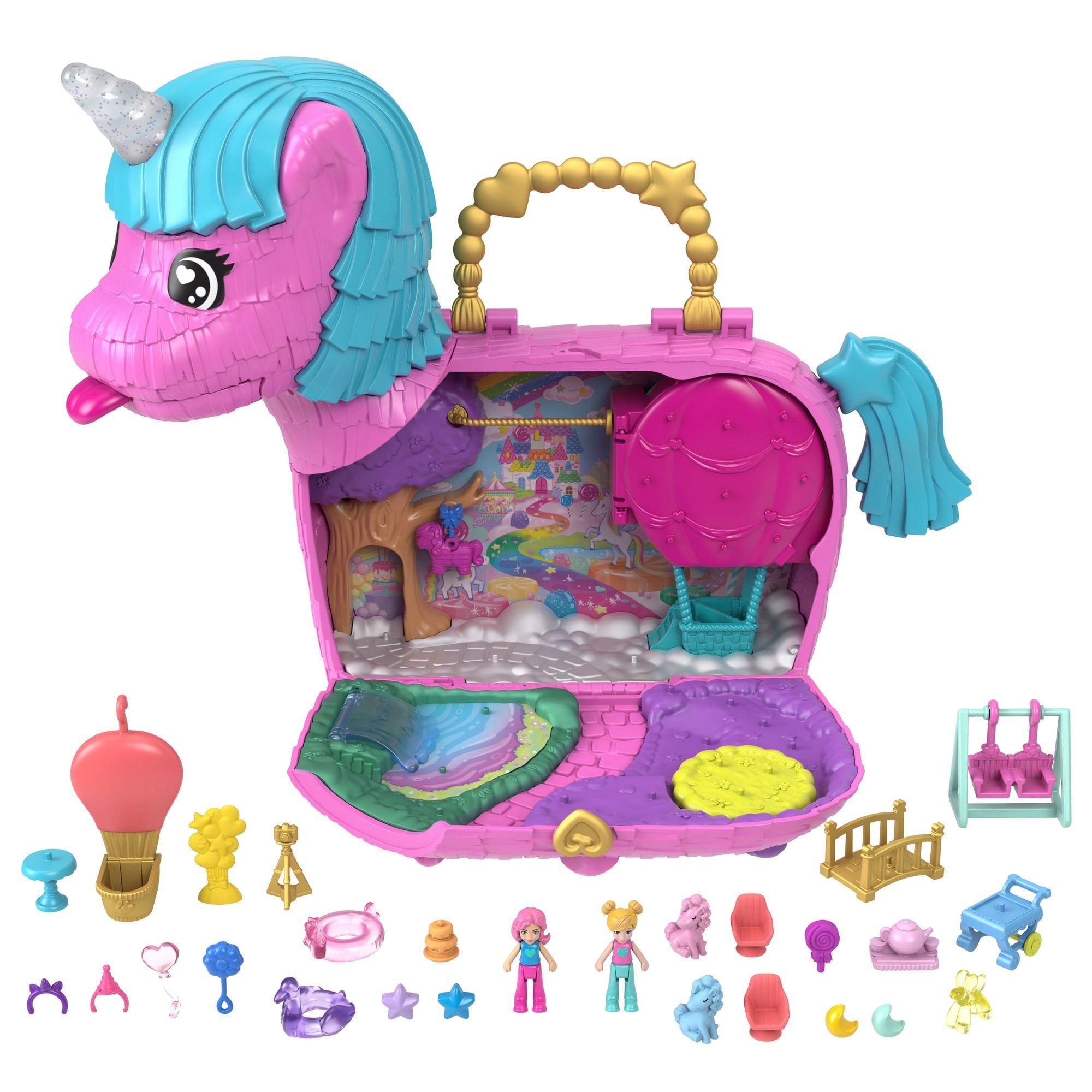 Polly Pocket 35 feier einhorn partyland playet, enthält 2 micropuppen, haustiere & 25 + Überraschungsaccessoires, kinder ab 3 jahren