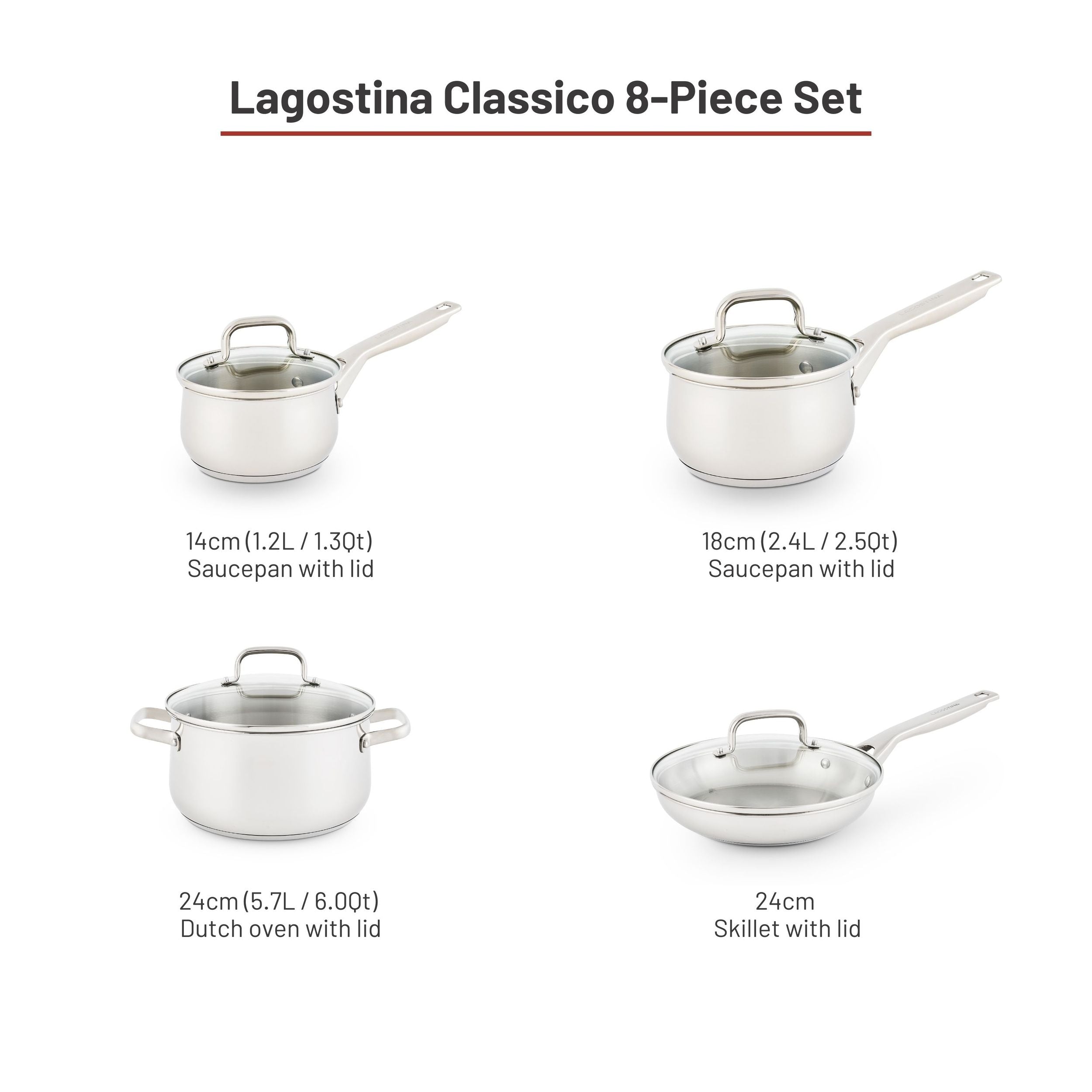Lagostina Classico Kochgeschirr aus nicht rostendem Stahl, 8-pc