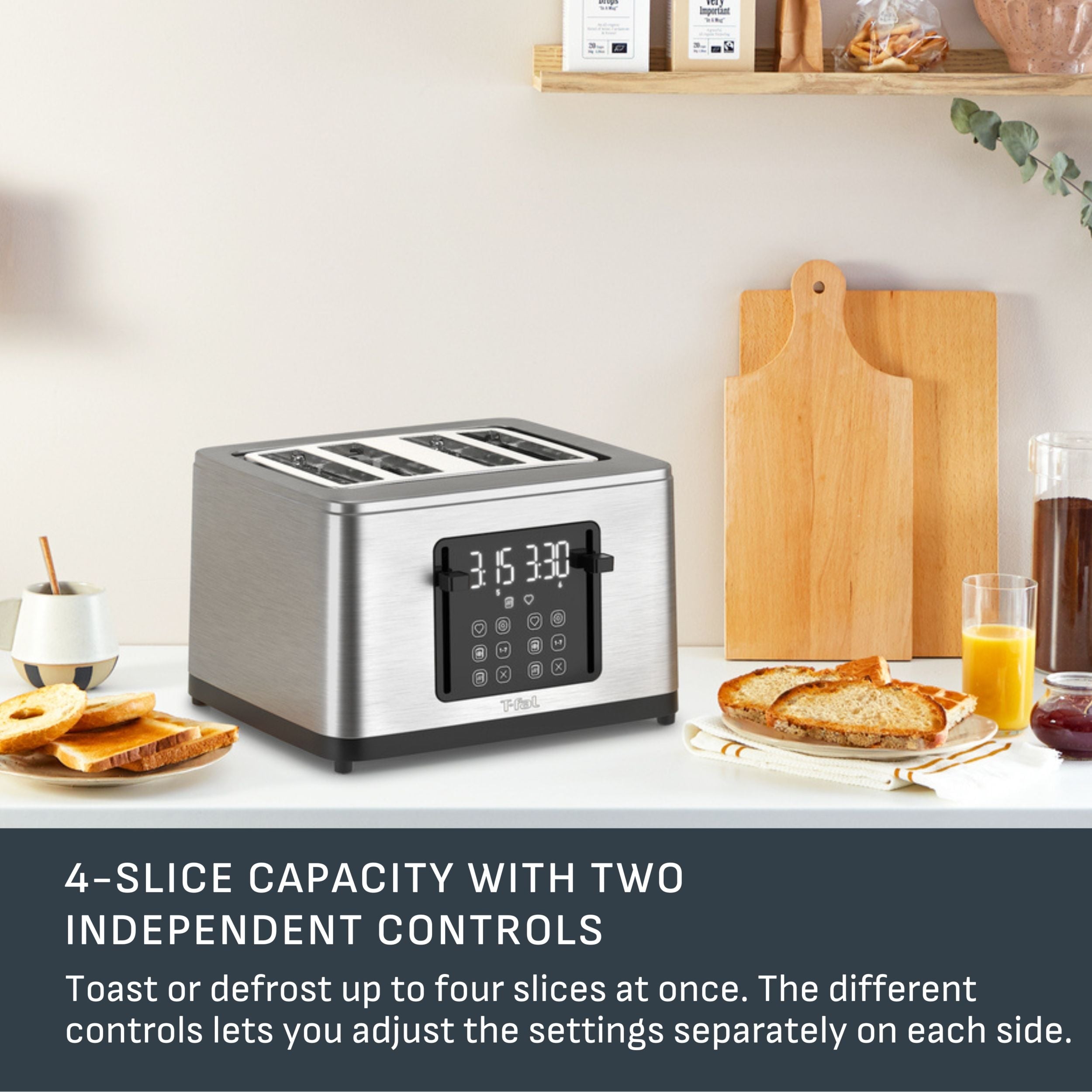 T-fal 4-Scheiben-Digital-Toaster aus Edelstahl, extra breite Schlitze, 7 Bräunungsstufen