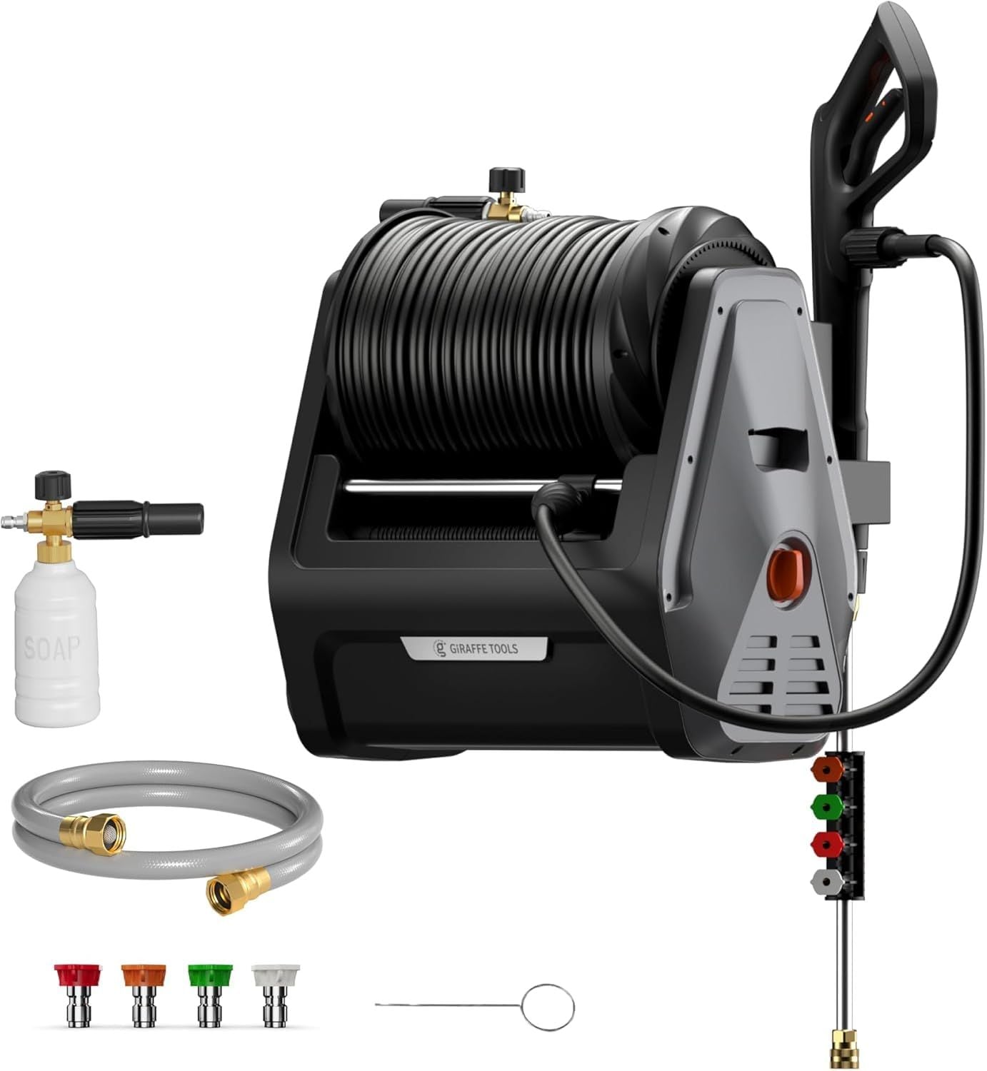 Giraffe Werkzeuge grandfalls G30 Wand montiert 2100 PSI 2,2 GPM bürstenlos einziehbare elektrische Druckwaschanlage mit 100-Fuß-Hartschlauch