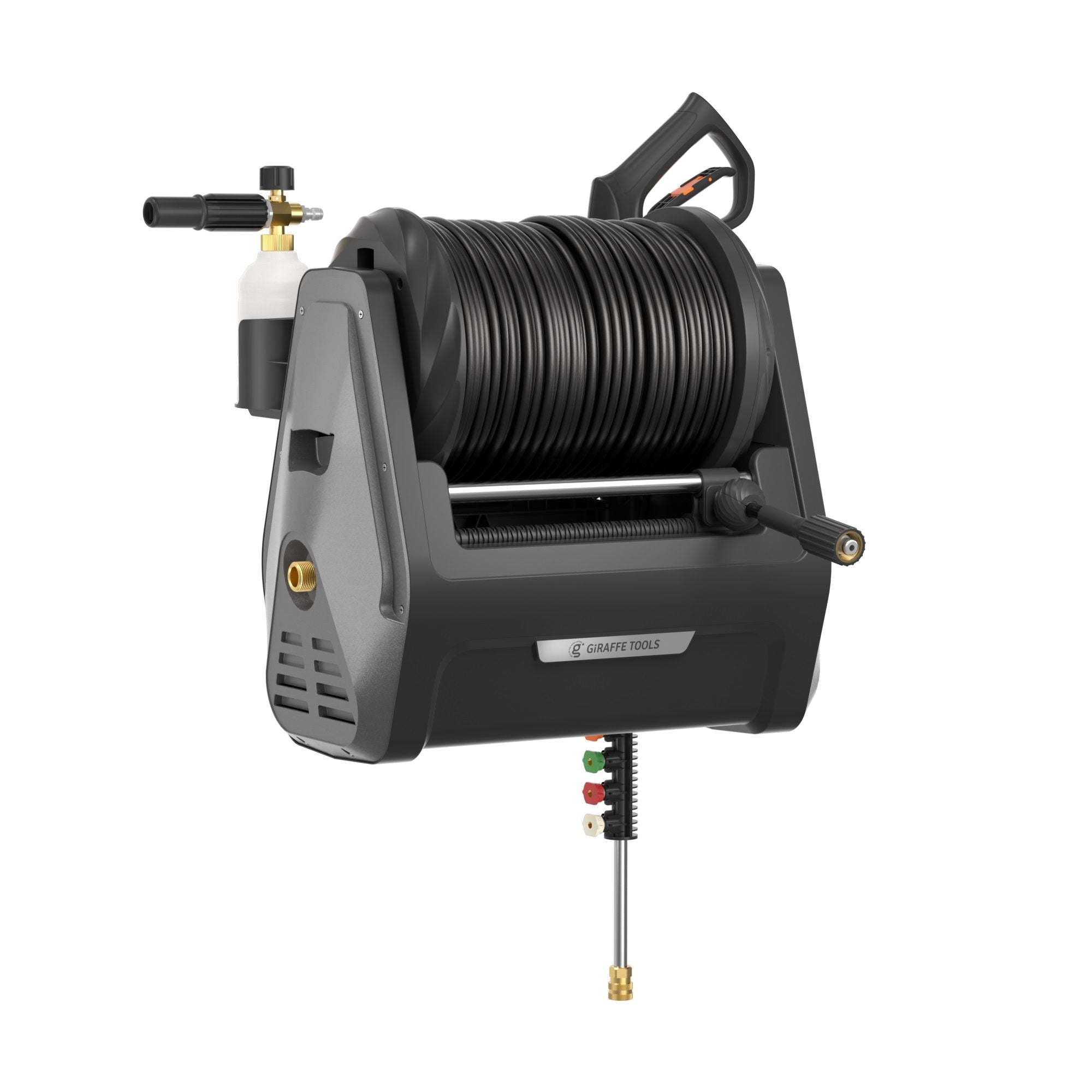 Giraffe Werkzeuge grandfalls G30 Wand montiert 2100 PSI 2,2 GPM bürstenlos einziehbare elektrische Druckwaschanlage mit 100-Fuß-Hartschlauch