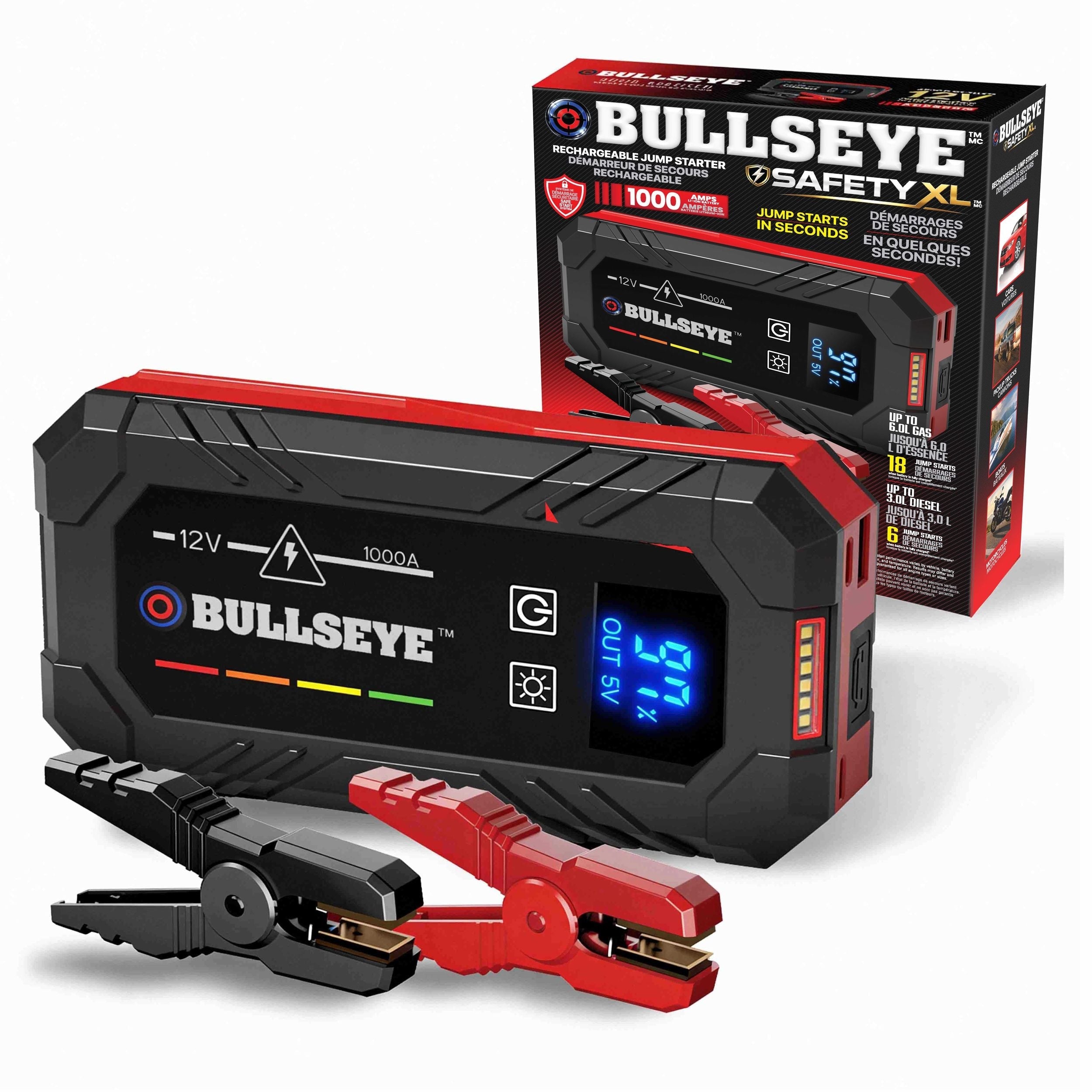 Bullseye Sicherheit XL 1000A 12V Auto Jump Starter, tragbare Booster mit Jumper-Kabel, 6,0-l Gas & 3,0-l Diesel, 1800mAh wiederaufladbar