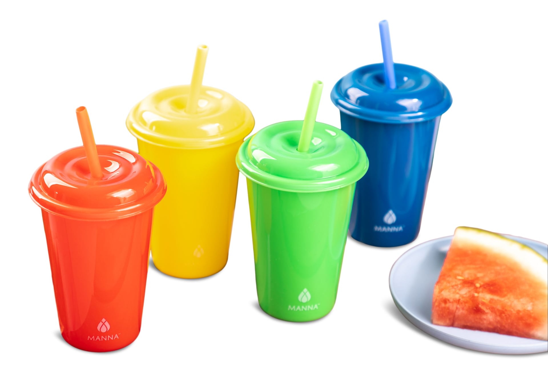 Core Home Plastikbecher für Kinder mit Strohhalmen und Deckeln, 4-pc, verschiedene Farben