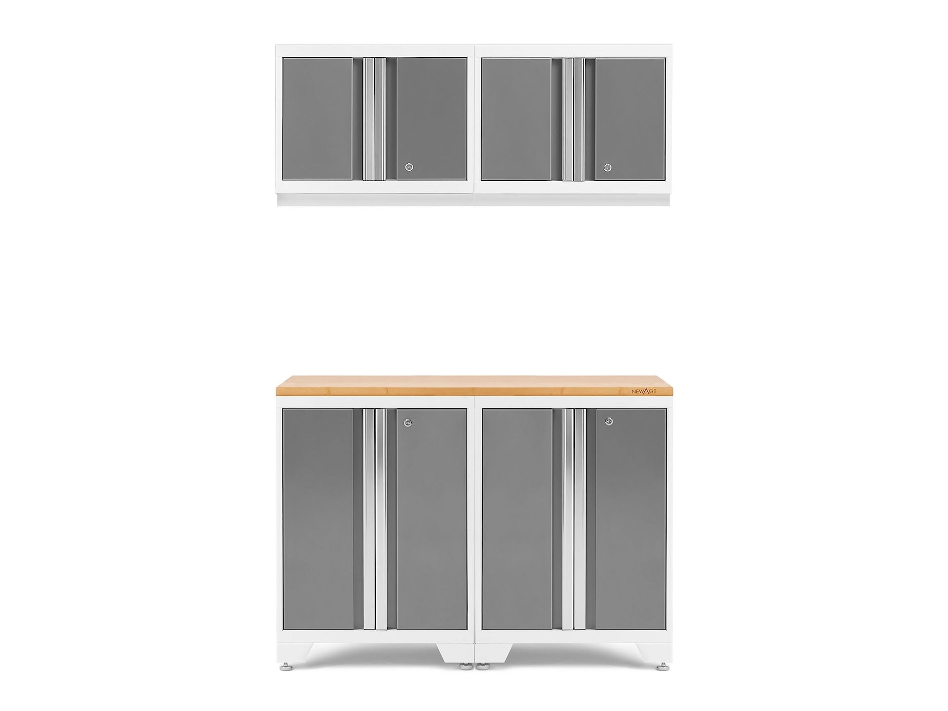 NewAge Fett 3.0-Serie All-in-One-abschließbare Stahlgaragenschrank mit Bambus-Top, weiß / Platin, 48-in x 18-in x 76,75-in, 5-pc