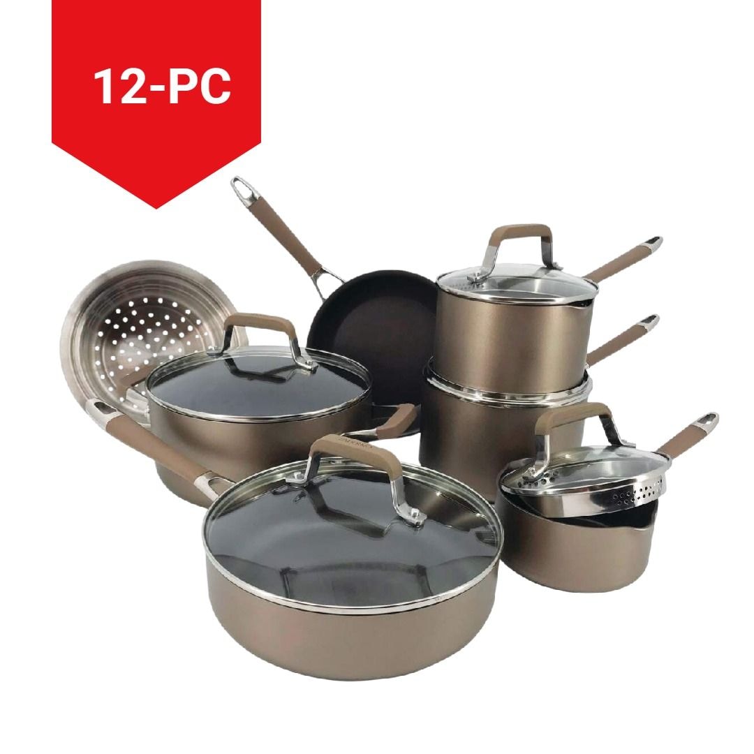 PADERNO Klassisches Kochgeschirrset, Antihaft, pfoafrei, Ofensicher, Champagnerbronze, 12-pc